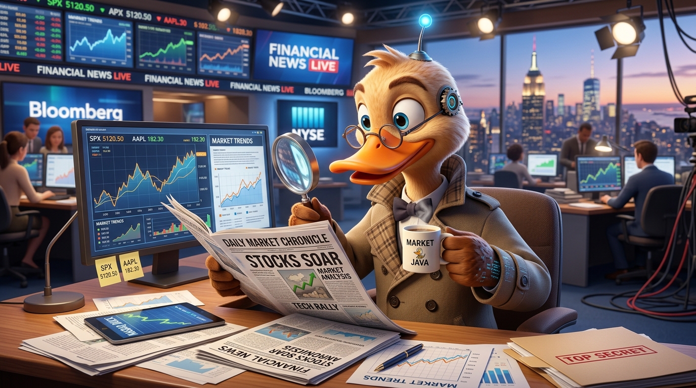 Witty AI duck detective inspecting market news with magnifying glass