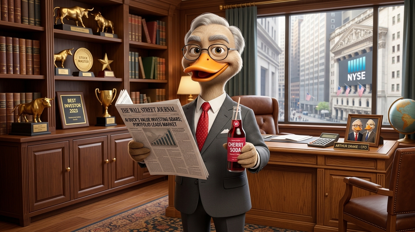 Warren Buffett style AI duck holding financial newspaper and cherry soda in executive office